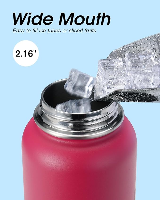 Water Bottle 32 oz Insulated with Straw, Coolflask Stainless Steel Metal 3 Lids Water Flask Wide Mouth for Sports or Office, Non-BPA Keep Cold Up to 48 Hrs or Hot Up to 24 Hrs, Ombre Wine/Navy