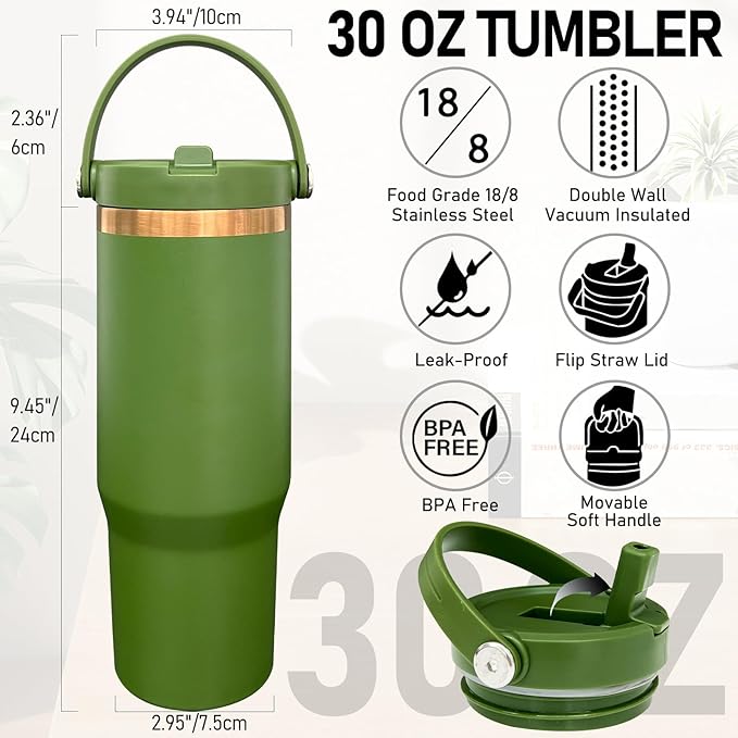 30 oz Tumbler Bulk with Handle and Straw, Vacuum Insulated Tumblers with Flip Straw and Top Handle, Leakproof Powder Coated Tumbler, Stainless Steel Travel Mug for Coffee (Army Green, 8 Pack)