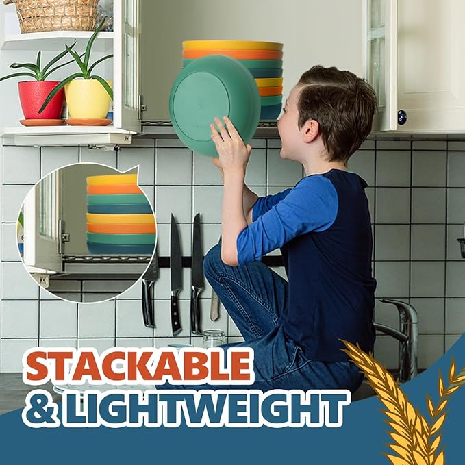 Teivio 32-Piece Kitchen Plastic Wheat Straw Dinnerware Set, Service for 8, Dinner Plates, Dessert Plate, Cereal Bowls, Pasta Bowls, Unbreakable Outdoor Camping Dishes, Autumn Multicolor