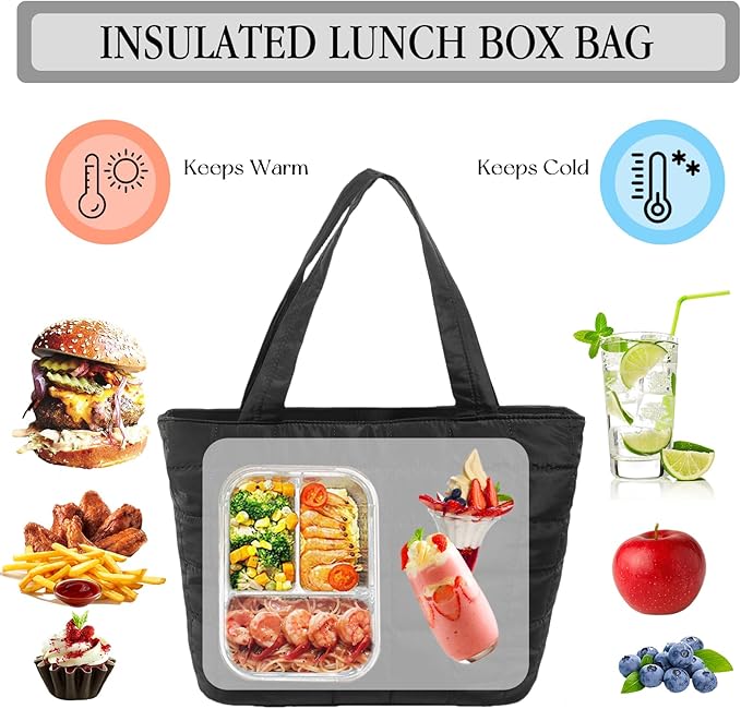 CAMTOP Lunch Box for Women Insulated Lunch Bag Lunchbox Cooler Thermal Leakproof Quilted Reusable Lunch Tote Bag for Work School Travel Picnic (Z-Black)