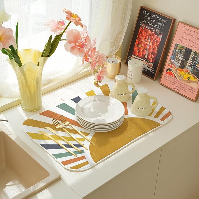 Summer Dish Drying Mats 18x24 Inch Rainbow Sun Stripes Yellow Sunshine Decorative Drying Mats Outdoor Boho Farmhouse Kitchen Decor Coffee Bar Mat for Kitchen Dining Room Decor