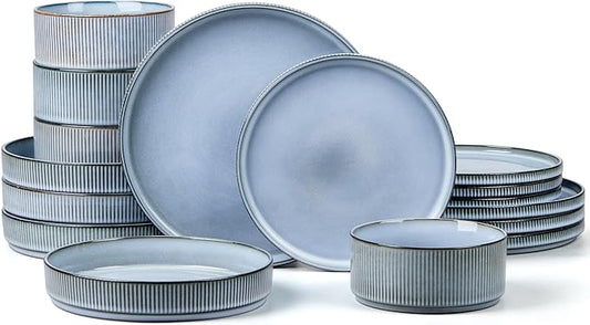 E-far 16 Piece Dinnerware Sets, Plates and Bowls with Pasta Bowls Service for 4, Modern Stoneware Ribbed Dishes for Kitchen Dining, Microwave & Dishwasher Safe, Dusty Blue