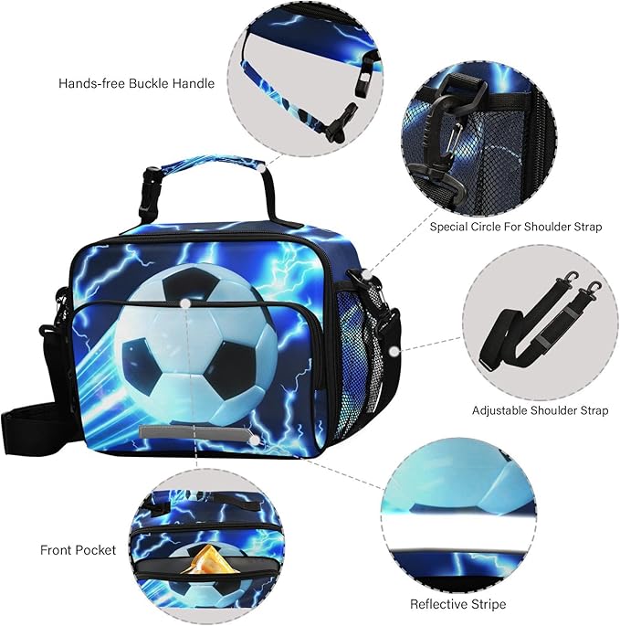 ALAZA Soccer Kids Lunch Box, Blue Lightning Lunchbox Insulated Reusable Meal Container Lunch Bag with Shoulder Strap for School Girls Boys