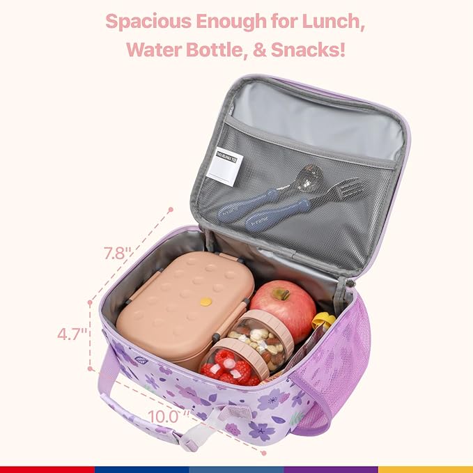 Bagseri Kids Lunch Bag for Girls - Insulated Kids Lunch Box for Daycare and School Reusable Meal Tote Bag with Water Bottle Holder, Easy-Clean Water-Resistant Fabric, Purple Floral