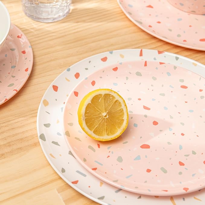 Bzyoo 12-Piece Melamine Dinnerware Set - Confetti Pink Plates and Bowl Lightweight BPA-Free Dishwasher Safe Dish Set for Indoor & Outdoor Use - Perfect for Camping, BBQs, Kids Parties