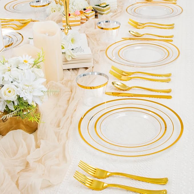 150 PCS Clear Gold Disposable Dinnerware Set for 25 Guests, Clear and Gold Plastic Plates for Party, 25 Dinner Plates, 25 Salad Plates, 25 Cups, 25 Spoons Forks Knives for Wedding and Party Supplies