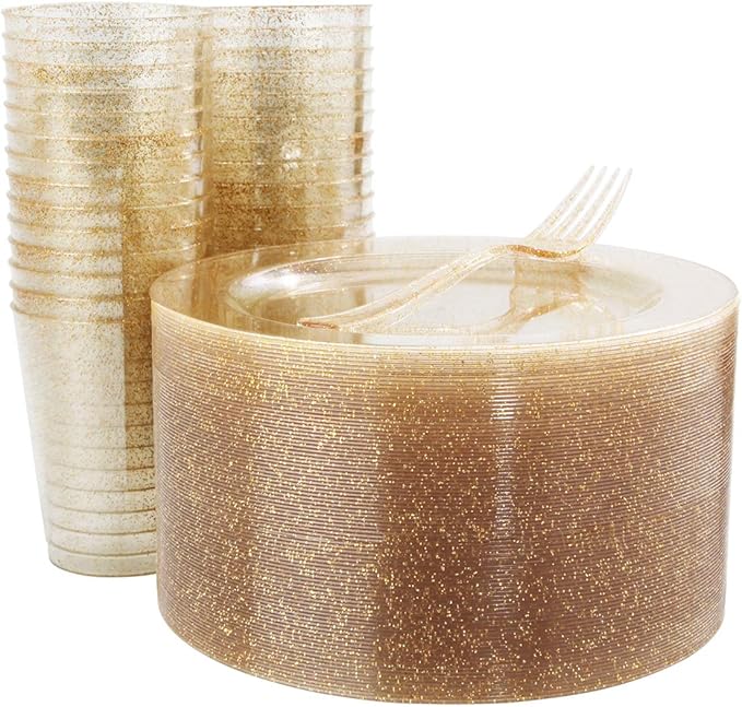 WELLIFE 150-Piece Gold Glitter Disposable Party Tableware Set for 50 Guests-Includes 50 Dessert Plates,50 Plastic Forks & 50 Cups-Elegant Plastic Plates for Wedding,Birthday,Anniversary(Gold Glitter)