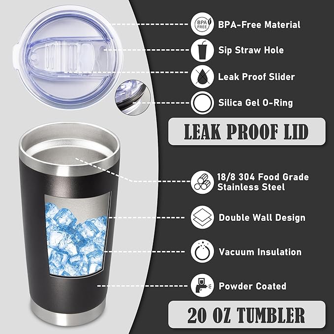20 oz Tumbler Coffee Tavel Tumblers Bulk with Lid Stainless Steel Double Wall Vacuum Insulated Mug Powder Coated Cups fit Car Cupholder for Hot and Cold - Black, 12Pack