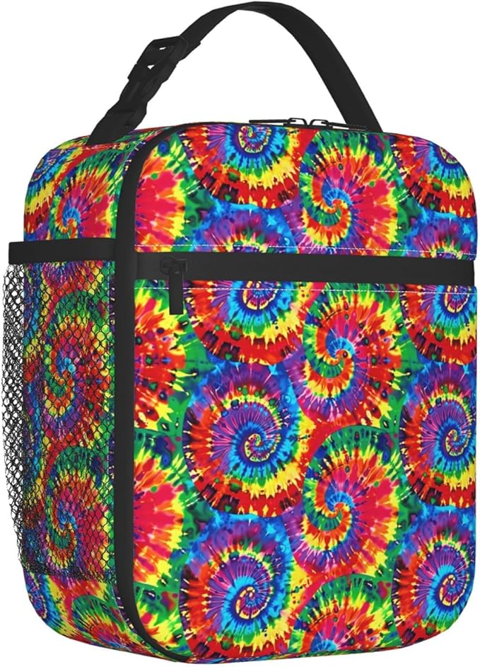 Reusable Tie Dye Lunch Box for Kids Girls Boys Women Adult, Insulated Spiral Lunch Bag,Polyester Cooler Abstract Handbags Case for School Picnic Work Travel Beach or Hiking (Vibrant)