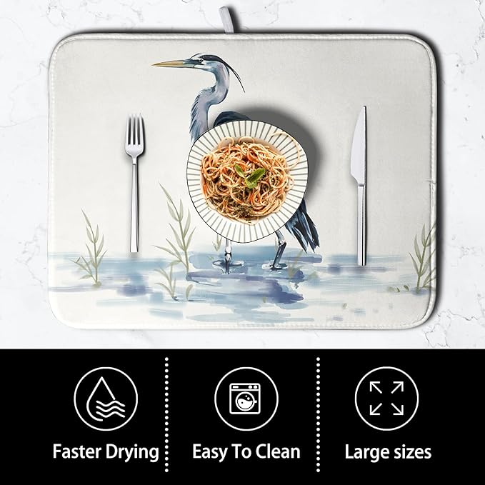 Summer Dish Drying Mat Blue White Heron Beach Absorbent Microfiber Drying Mats for Kitchen Counter Coastal Nautical Birds Dishes Drainer Mat 16x18 Inch