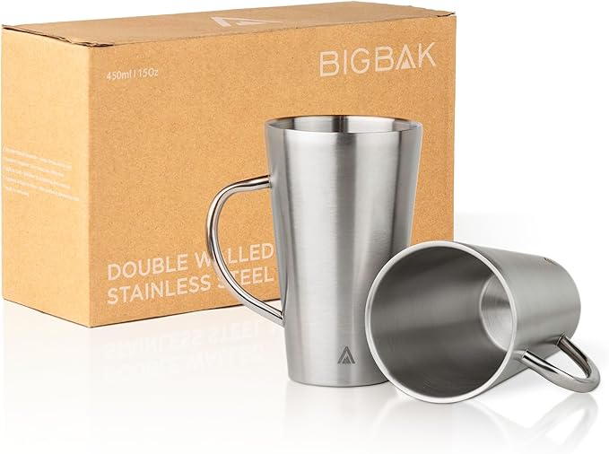 BigBak - 12oz Stainless Steel Mugs with Handle - 2-Pack, Double Wall Insulated Coffee Cups for Camping, Travel & Home
