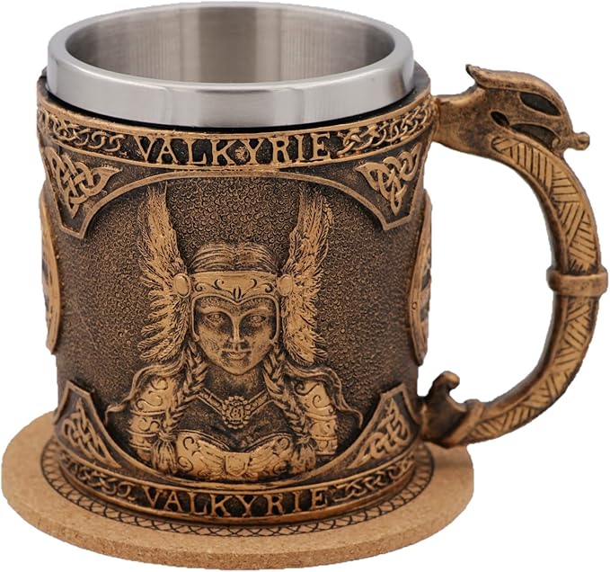 Valkyrie Beer Mug Norse Viking Decor,Stainless Steel Drinking Tankard Coffee Cup Norse Viking Mug Poetic Gothic Party Decoration Drinkware Gift Mugs for Men 18OZ