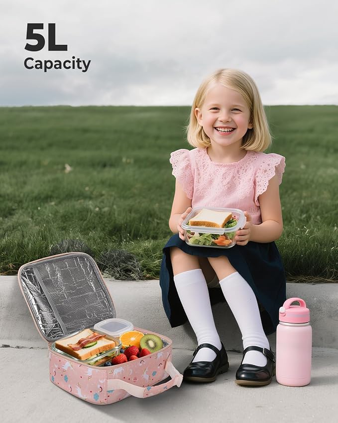 Tuwubi Kids Lunch Bag Insulated Lunch Box for Kids Small Lunch Bag for Boys/Girls Durable Lunchbox for School,Pink Unicorn 10-Can(5L)