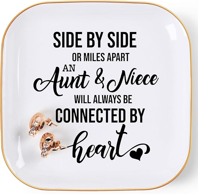 Aunt & Niece Ring Trinket Dish - Connected By Heart, Birthday Christmas Valentines Mother's Day Gift, White