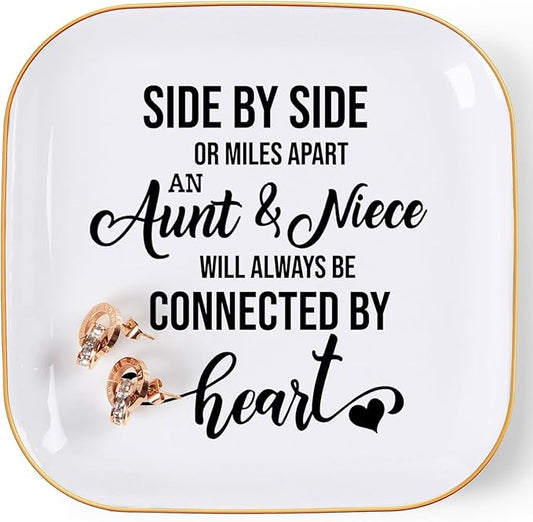 Aunt & Niece Ring Trinket Dish - Connected By Heart, Birthday Christmas Valentines Mother's Day Gift, White