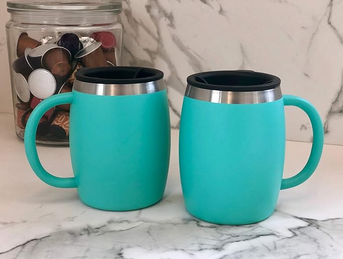 Stainless Steel Insulated Coffee Mugs Set of 2 (14oz) Double Wall Coffee Cups With Spill Resistant Lid & Handle – Shatterproof Cups for Cold & Hot Drinks for Indoor & Outdoor Use (Aqua Blue)