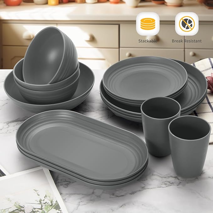 Lazycorner 48-Pcs Kitchen Wheat Straw Dinnerware Set, Service for 8, Plastic Reuasble Dinner Dishes Serving Plate Set for Kitchen, Including Dinner Plate, Dessert Plate, Bowl, Cup(Grey)