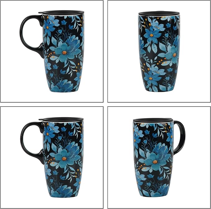 Topadorn Ceramic Mug Blue Flower Porcelain Coffee Mug with Gift Box,17oz. Blue Flower