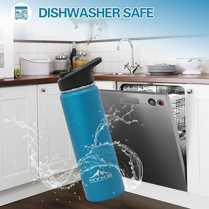 24oz Insulated Water Bottle–Vacuum Stainless Steel Bottle with Straw, Spout, Handle, 3 Lids–Leak Proof, BPA Free, Fits Cup Holders–Metal Thermos for Hiking, Gym, Car, Bike （Light Blue）