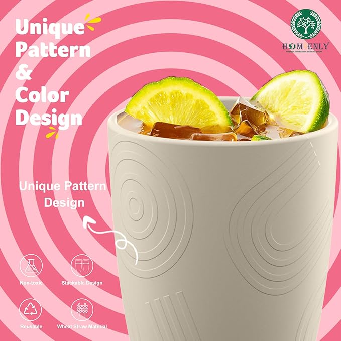 Homienly Wheat Straw Cup Unbreakable Water Cup | 16 OZ Reusable Water Drinking Glasses Sets of 8 | Lightweight Tumbler for Kitchen Outdoor | Dishwasher & Microwave Safe Kitchen Cup Set - Beige