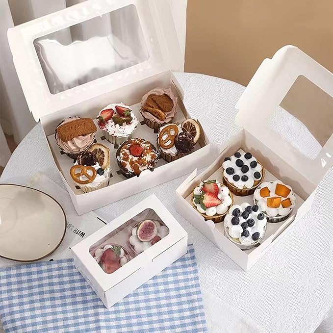 30-Set Cupcake Boxes Bulk with Clear Display Window Hold 4 Standard Cupcakes, Disposable Food Grade White Cupcake Carrier Cupcake Container, Perfect for Cupcakes Muffins Cookies Pastries