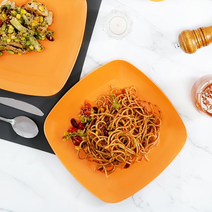 TP 10.5" Melamine Square Dinner Plates, 6-piece Plate Set Unbreakable Serving Dishes for Indoors and Outdoors, Unbreakable Dinner Service for 6, Orange