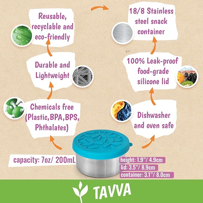 TAVVA 4 X 7 oz Stainless Steel Snack Containers with Lids - Leakproof w/Silicone Lids - BPA Free - Dishwasher & Freezer Safe - Portable & Reusable - Stainless Steel Storage Food Snack Containers