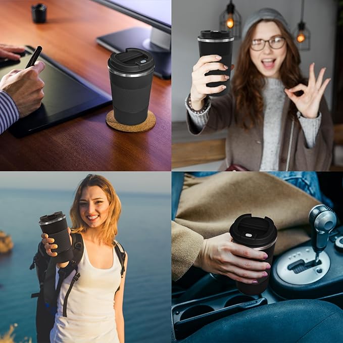 4 Pack Insulated Coffee Mug with Lid 17oz Travel Coffee Tumbler Stainless Steel Reusable Coffee Cups Thermal Coffee Mug for Hot and Iced Cold Drinks, Black