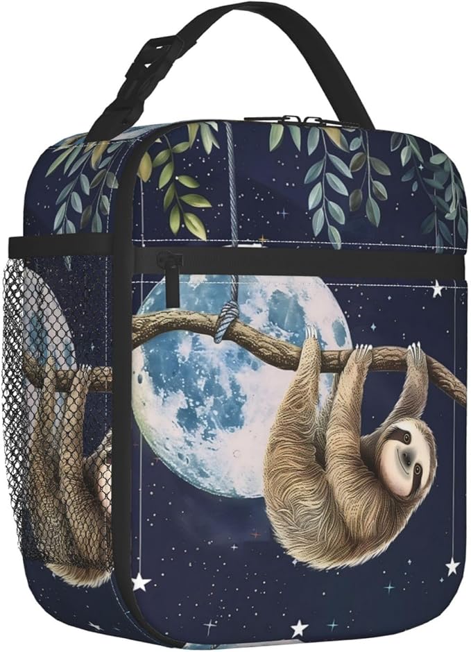 Sloth Polyester Lunch Box for Kids Teen,Cute Reusable Thermal Lunch Bag for Adult Women,Moonlight Insulated Tote Cooler Bags for School,Work,Picnic,Travel,Dreamy Space Theme