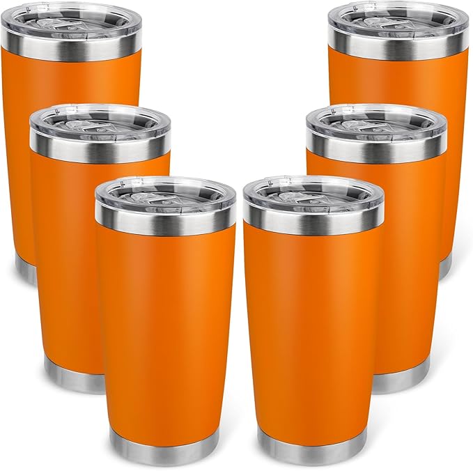 20oz Stainless Steel Tumbler Bulk with Lid, Travel Mug - Double Wall Vacuum Powder Coated Cup - Orange, 6 Pack