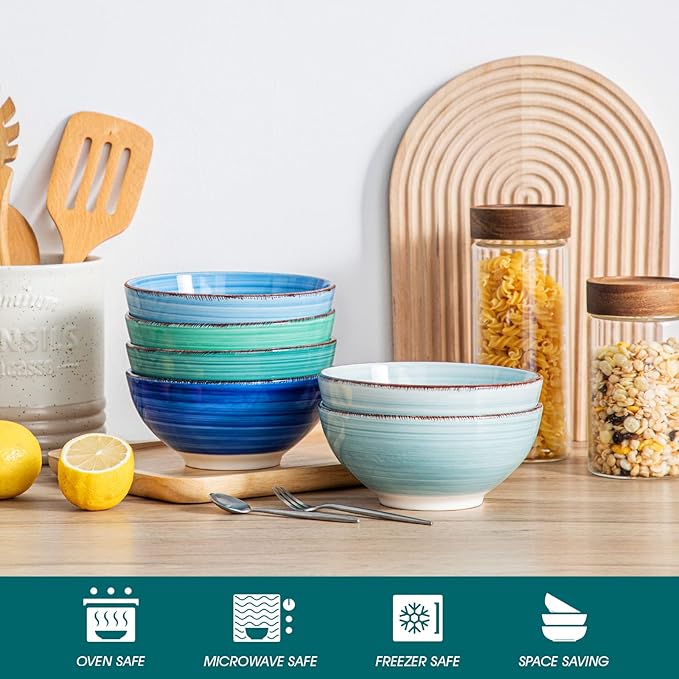 vancasso Bonita 27 Oz Cereal Bowls Set of 6, Blue Ceramic Bowls for Kitchen, 6 Inch Soup Bowls, Dishwasher & Microwave Safe