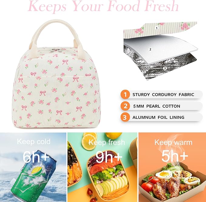 BTOOP Lunch Box for Women Men Cute Corduroy Lunch Bags Large Capacity Insulated Lunch Tote Bag For Work Travel Or Picnic (Pink Bow Floral)