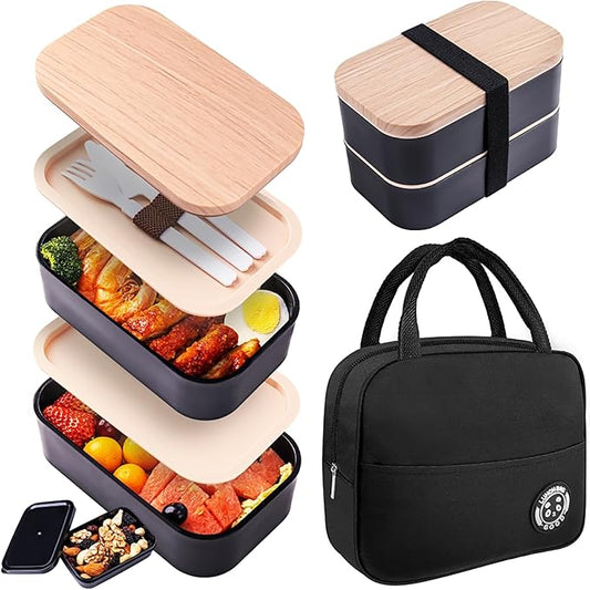 Bento Box with Lunch Bag Microwavable All-in-One Meal Prep Compartment Lunch Containers with Utensils Leak Resistant Lunch Box with Sauce Container 60oz Black