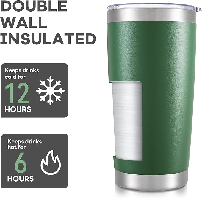 20 oz Tumbler with Lid Stainless Steel Double Wall Vacuum Insulated Tumblers Powder Coated Cups Travel Mug Keep Drinks Cold and Hot, Dark Green