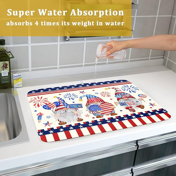 4th of July Drying Mat for Kitchen Counter 18 x 24 in - US Independence Day Patriotic Gnomes Microfiber Large Dish Drainer Mats Protector Pad for Countertop Sinks Dining Table Holiday Decor