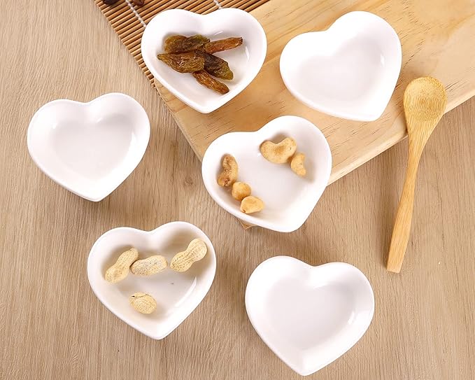 WHJY White Love Heart Shaped Ceramic Side Dish Bowl, Contemporary Porcelain Side Dishes Bowl, Seasoning Dishes Soy Dipping Sauce Dishes for Wedding Birthday Party- Set of 6