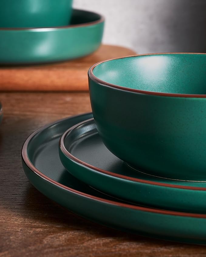 Famiware Mercury 24 Pieces Dinnerware Sets, Plates and Bowls Sets for 8, Microwave and Dishwasher Safe Dish Set, Dark Green