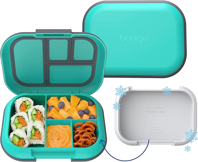 Bentgo Chill Kids Leak-Proof Lunch Box - 4-Compartment Bento Box with Built-In Ice Pack, 3.3 Cup Capacity, PFAS & BPA-Free, Microwave & Dishwasher Safe, Ideal Size for Ages 3 to 7 (Electric Aqua)