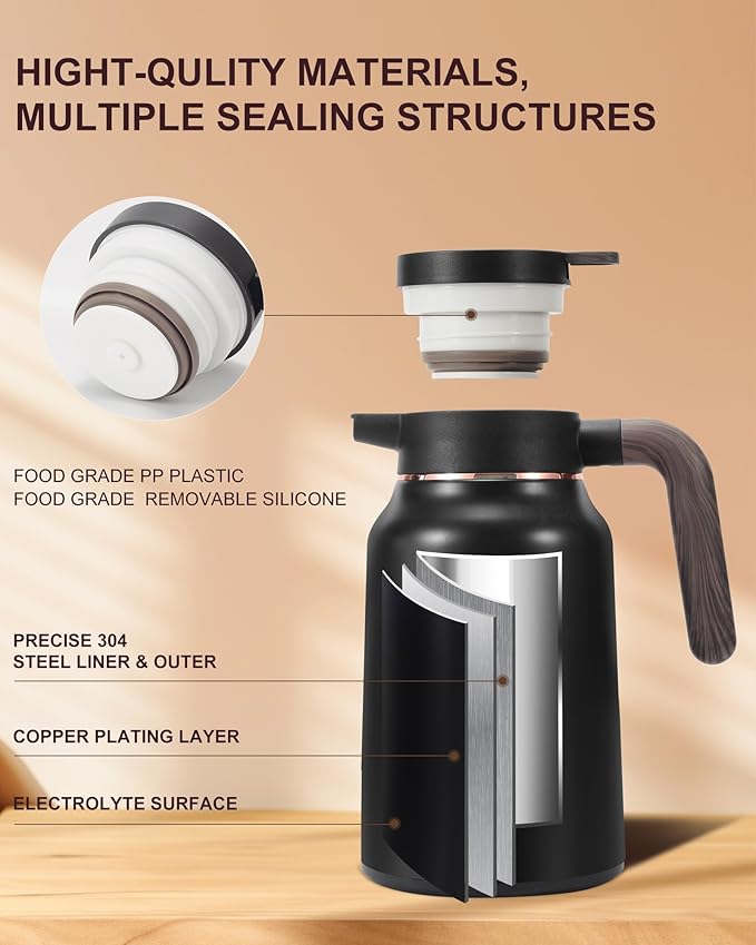 51 Oz Carafes for Hot Liquid, Stainless Steel Insulated Vacuum Thermal Coffee Carafes For Keeping Hot, 1.5 Liter Coffee Dispenser(Black/Black)