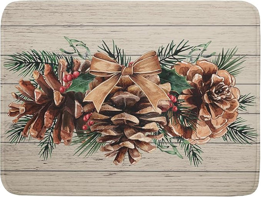 Winter Pine Cone Dish Drying Mat Holly Berries Dish Draining Mat Microfiber Washable Dish Drainer Rack Mat for Home Kitchen Counter 18"x24"