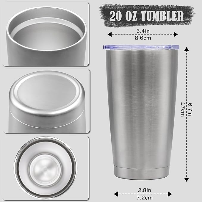 20 oz Tumbler Coffee Tavel Tumblers Bulk with Lid Stainless Steel Double Wall Vacuum Insulated Mug Powder Coated Cups fit Car Cupholder for Hot and Cold - Stainless Steel, 1Pack
