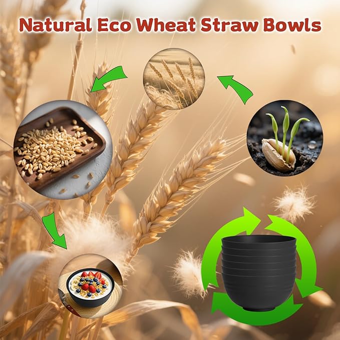 Wrova Wheat Straw Camping Bowls Sets of 6,Unbreakable 26oz Lightweight Bowls Sets for Outdoors Activity,Breakfast Bowls for Cereal and Salad.Black Series