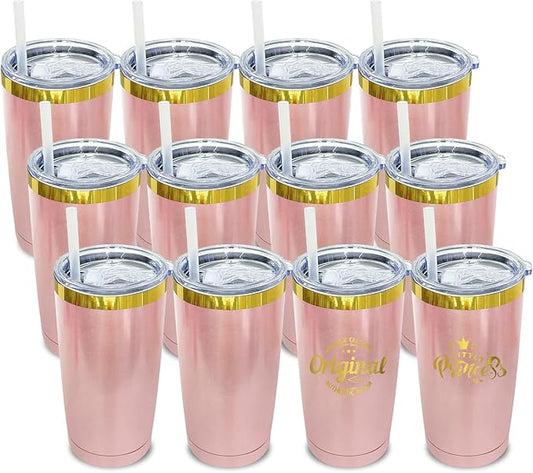 20 oz Tumbler Bulk 12 Pack Stainless Steel Tumblers with Lids and Straws, Double Wall Vacuum Insulated Travel Coffee Mug for Laser Engrave, Powder Coated Cups for Hot Cold Drinks(Rose Gold,12 pack)