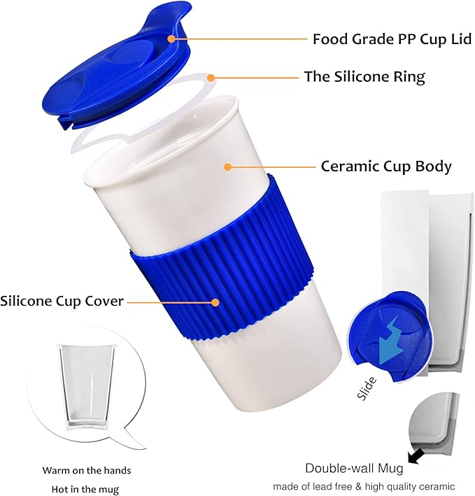 12 oz Travel Coffee Mug, Ceramic Double Wall Insulated Mug No Handle with Splash Resistant Lid & Non-Slip Silicone Sleeve, Travel Must-Have White Coffee Cup, Reusable, Gifts For Women & Men, Blue
