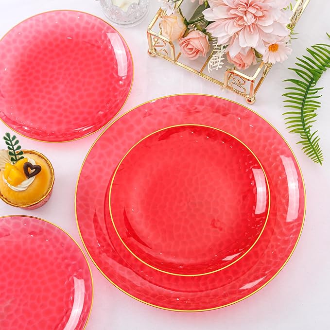 SUT 36Pcs Red Plastic Plates, Hammered Plates Disposable Heavy Duty, Red Disposable Plates With Gold Rim, Fancy Plastic plates Include 18 Dinner and 18 Dessert plates for Wedding