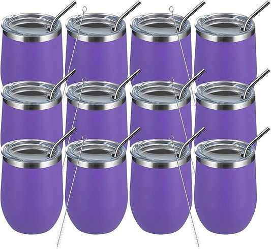 MEWAY 12oz/12 Pack Wine Tumbler Glasses with Lid -Double Wall Vacuum Stainless Steel Travel Tumbler Mug,Stemless Insulated Wine Cup for,Coffee,Cocktails,Gifts (Purple,Set of 12)