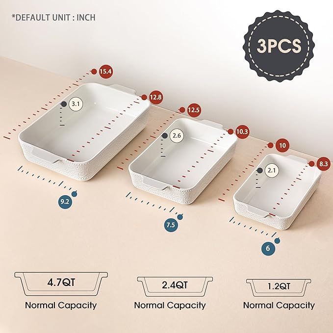 Ceramic Baking Dish Set of 3, Casserole Dishes for Oven, Ideal for Baking, Stewing, Roasting, and Holiday Feasts. The Gift for Mother's Day, Thanksgiving, Christmas, or Housewarming(Bright White)