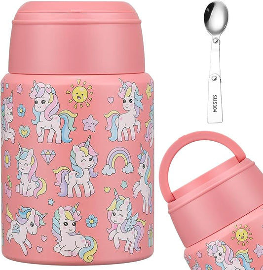 17oz Soup Thermo for Hot Food Kids Insulated Food Jar,Thermo Hot Food Lunch Container, Width Mouth Stainless Steel Lunch Box for Kids with Handle Folding Spoon (Pink-Unicorn)