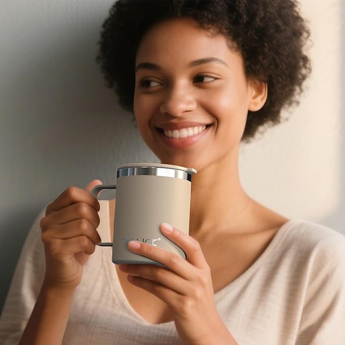 TILUCK 12 oz Insulated Coffee Mug with Lid, Leak-Proof Stainless Steel Travel Mug Cup with Handle for Hot or Cold Drinks(MistyGray, 12oz)