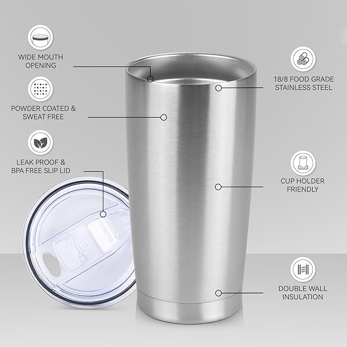 20 oz Tumbler Stainless Steel Tumblers Bulk with Lid Double Wall Insulated Coffee Tumbler Cups for Hot & Cold Drinks Powder Coated Travel Coffee Tumbler Mug Metal (Stainless Steel, 1 pack)